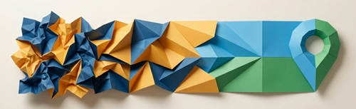 Crumpled paper on the left is shown as it organizes into more geometric and accurate shapes on the right symbolizing data verification