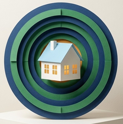 House w light blue roof in middle of green and blue circular target rings to insinuate household marketing target