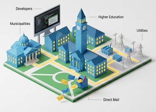 A paper cutout style image of a city with buildings representing users of the software